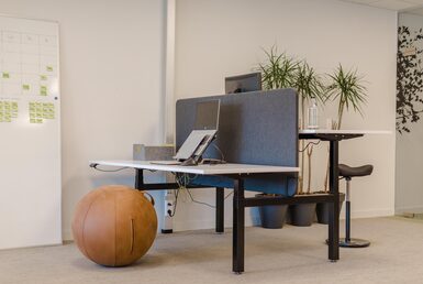 Bureau assis debout duo avec siège ballon et tabouret assis debout 1